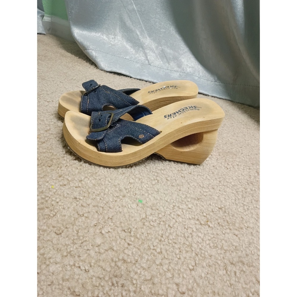 Vintage Sketchers Sandals Womens 6.5 Denim Buckle Y2K Platform Square Toe 90s
